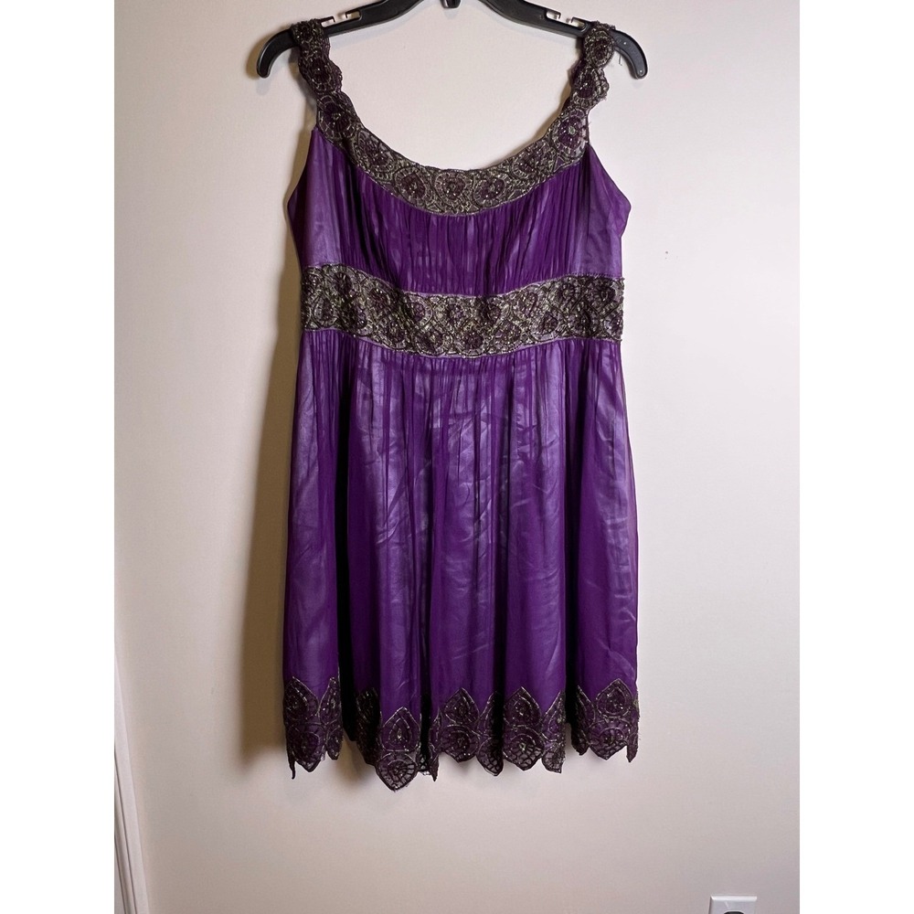 Adrianna‎ Papell Evening Beaded Purple Dress Embellished Flapper Formal Sz P12